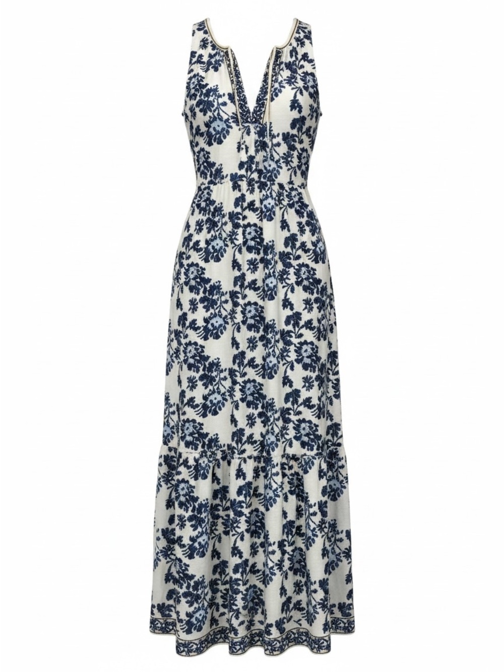 Max Studio London Tiered Cream and Blue Floral Dress Flowy Loose Fitting Boho